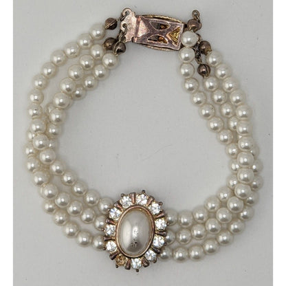 Vintage Faux Pearl Necklace Bracelet Set Rhinestone Victorian Elegance Jewelry