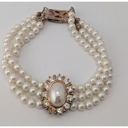 Vintage Faux Pearl Necklace Bracelet Set Rhinestone Victorian Elegance Jewelry