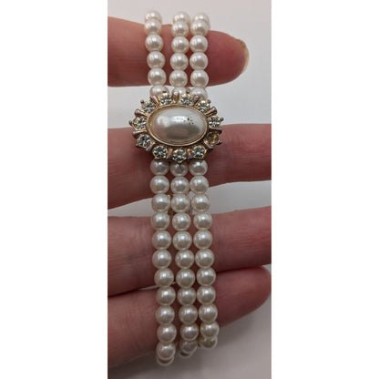 Vintage Faux Pearl Necklace Bracelet Set Rhinestone Victorian Elegance Jewelry