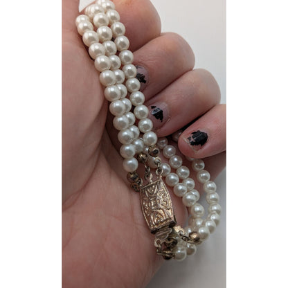 Vintage Faux Pearl Necklace Bracelet Set Rhinestone Victorian Elegance Jewelry