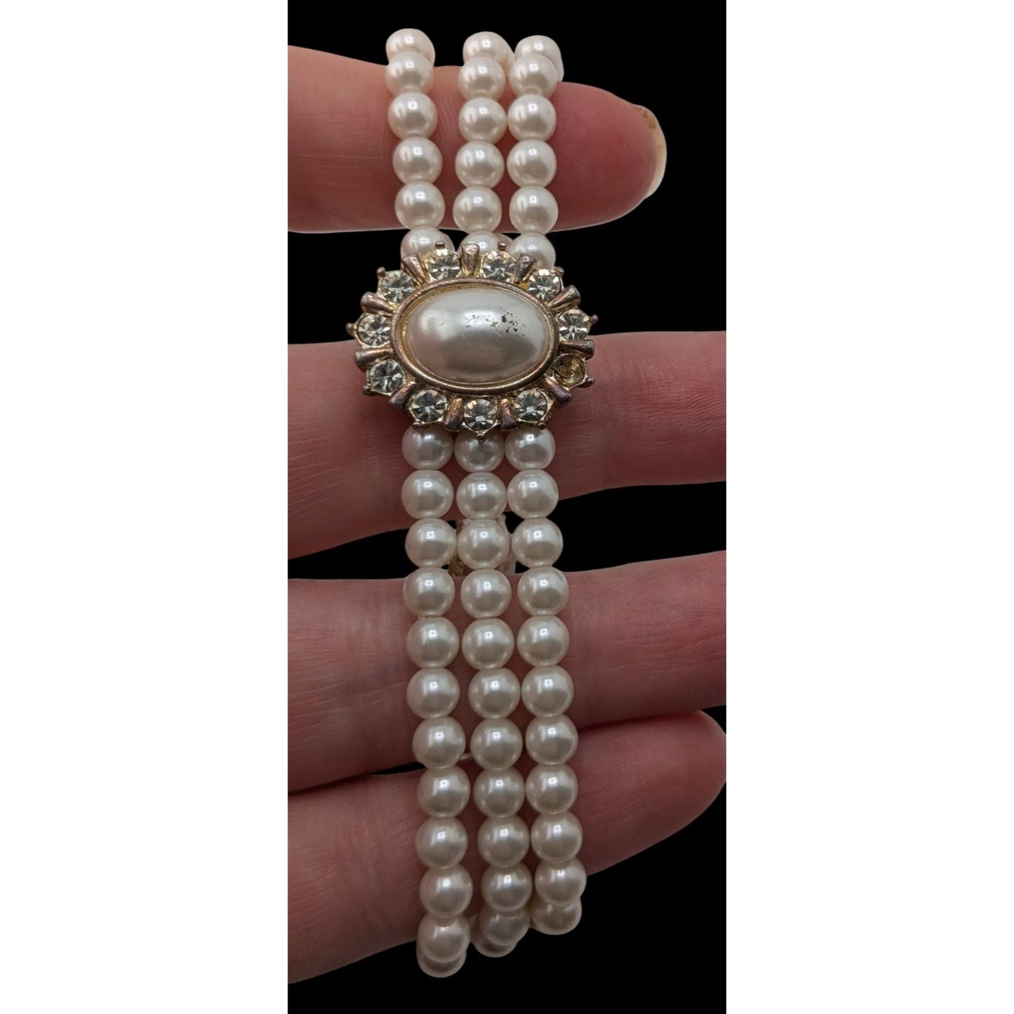 Vintage Faux Pearl Necklace Bracelet Set Rhinestone Victorian Elegance Jewelry