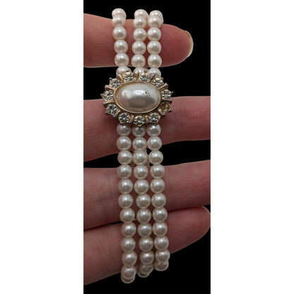Vintage Faux Pearl Necklace Bracelet Set Rhinestone Victorian Elegance Jewelry
