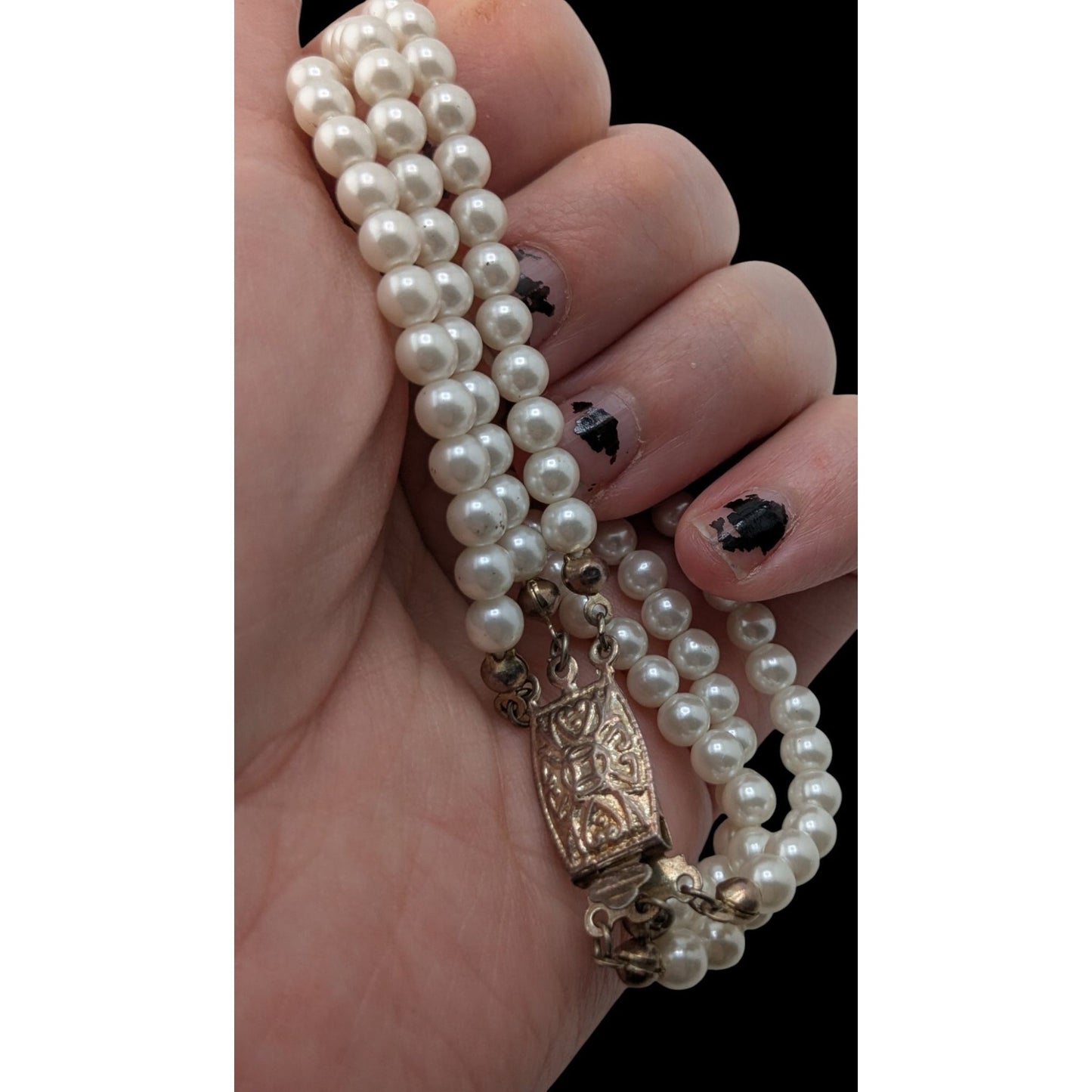 Vintage Faux Pearl Necklace Bracelet Set Rhinestone Victorian Elegance Jewelry