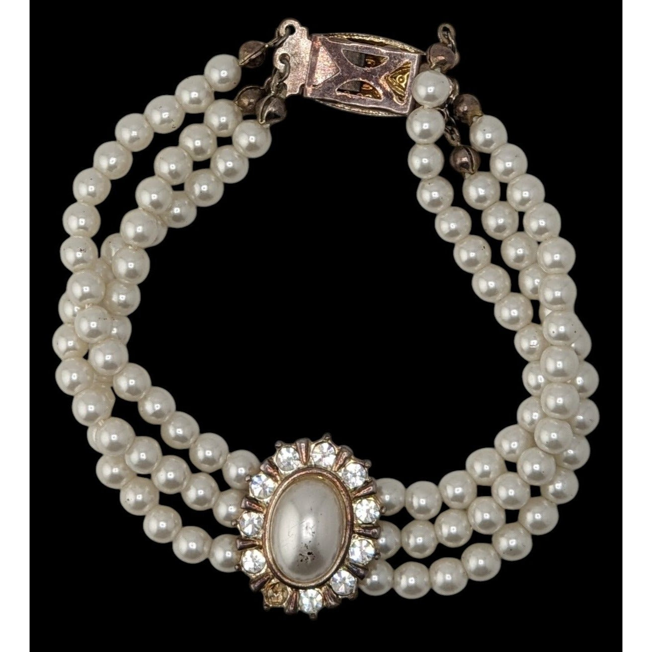 Vintage Faux Pearl Necklace Bracelet Set Rhinestone Victorian Elegance Jewelry