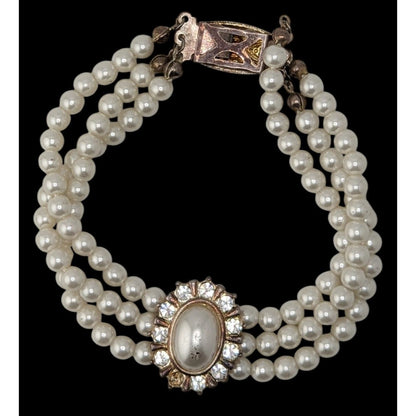 Vintage Faux Pearl Necklace Bracelet Set Rhinestone Victorian Elegance Jewelry
