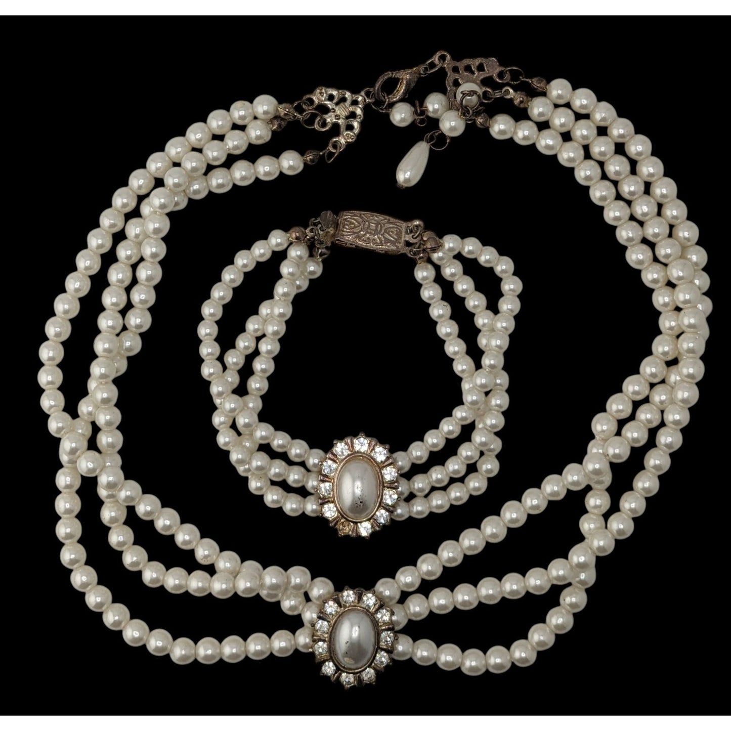 Vintage Faux Pearl Necklace Bracelet Set Rhinestone Victorian Elegance Jewelry