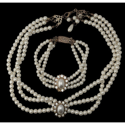 Vintage Faux Pearl Necklace Bracelet Set Rhinestone Victorian Elegance Jewelry