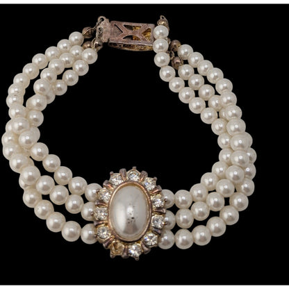 Vintage Faux Pearl Necklace Bracelet Set Rhinestone Victorian Elegance Jewelry