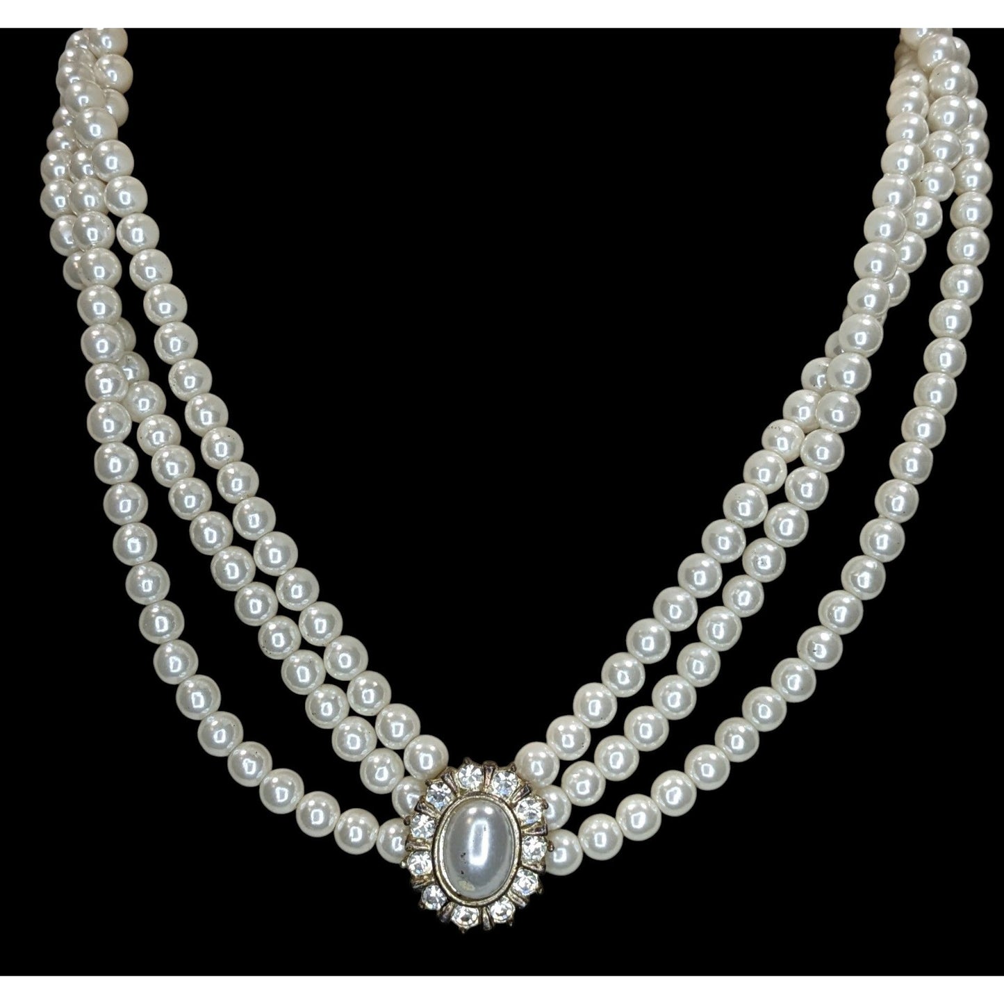 Vintage Faux Pearl Necklace Bracelet Set Rhinestone Victorian Elegance Jewelry