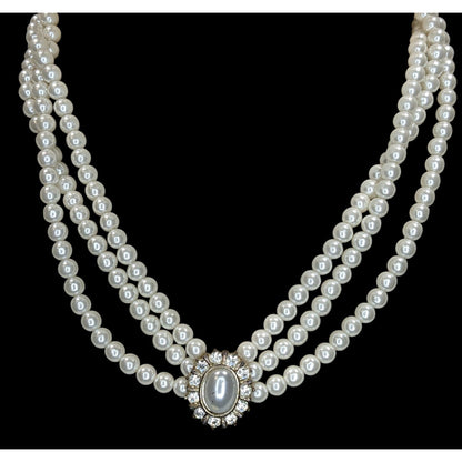 Vintage Faux Pearl Necklace Bracelet Set Rhinestone Victorian Elegance Jewelry