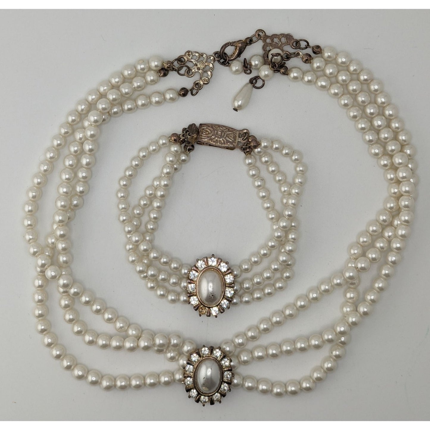Vintage Faux Pearl Necklace Bracelet Set Rhinestone Victorian Elegance Jewelry
