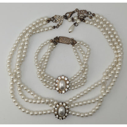 Vintage Faux Pearl Necklace Bracelet Set Rhinestone Victorian Elegance Jewelry