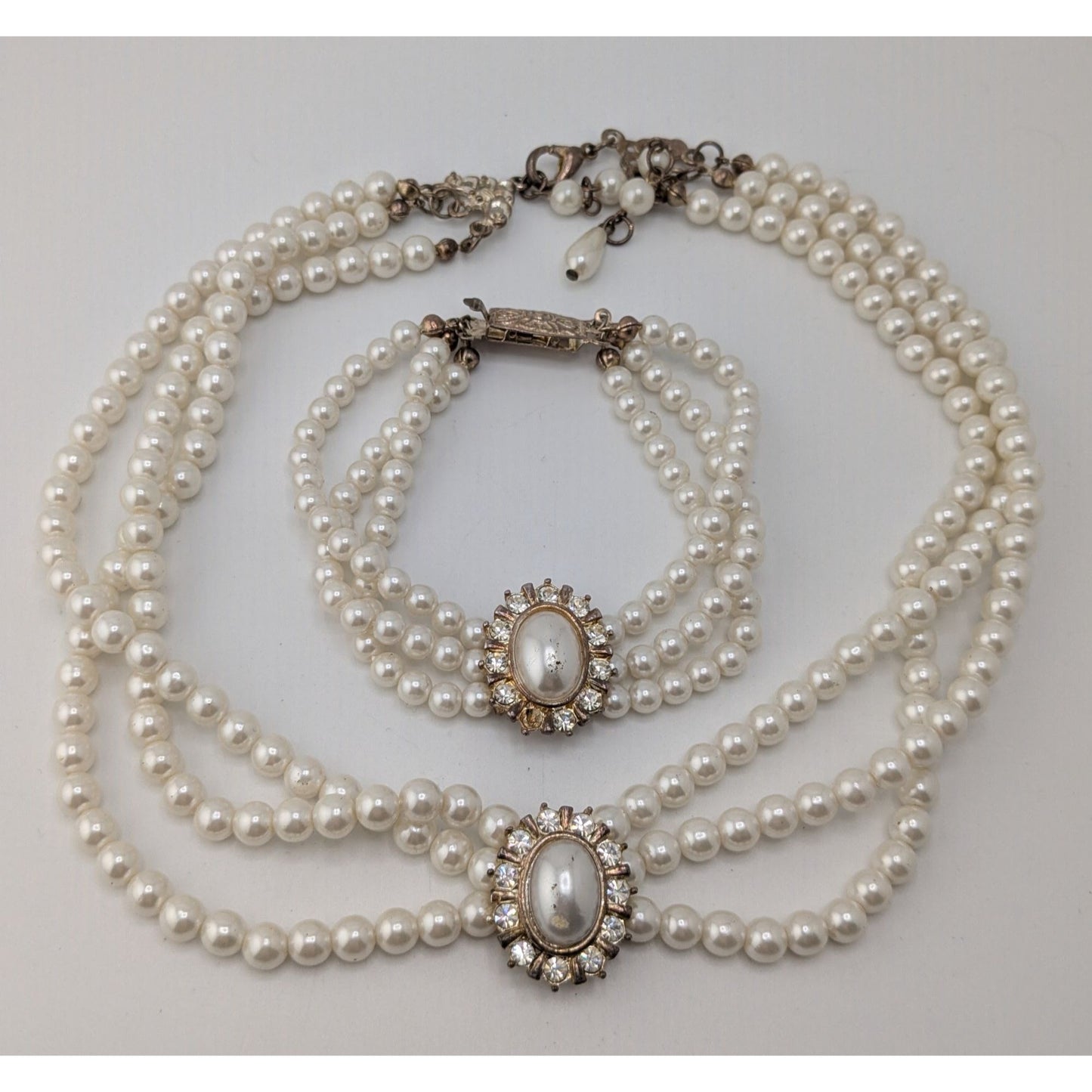 Vintage Faux Pearl Necklace Bracelet Set Rhinestone Victorian Elegance Jewelry