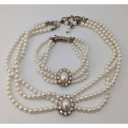 Vintage Faux Pearl Necklace Bracelet Set Rhinestone Victorian Elegance Jewelry