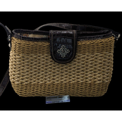 Hippie Bohemian Woven Crossbody Bag With Croc-Embossed Vinyl Trim & Floral Interior