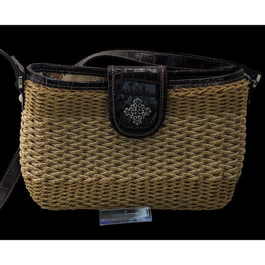 Hippie Bohemian Woven Crossbody Bag With Croc-Embossed Vinyl Trim & Floral Interior