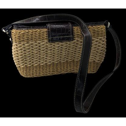 Hippie Bohemian Woven Crossbody Bag With Croc-Embossed Vinyl Trim & Floral Interior