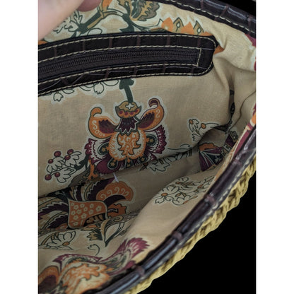 Hippie Bohemian Woven Crossbody Bag With Croc-Embossed Vinyl Trim & Floral Interior