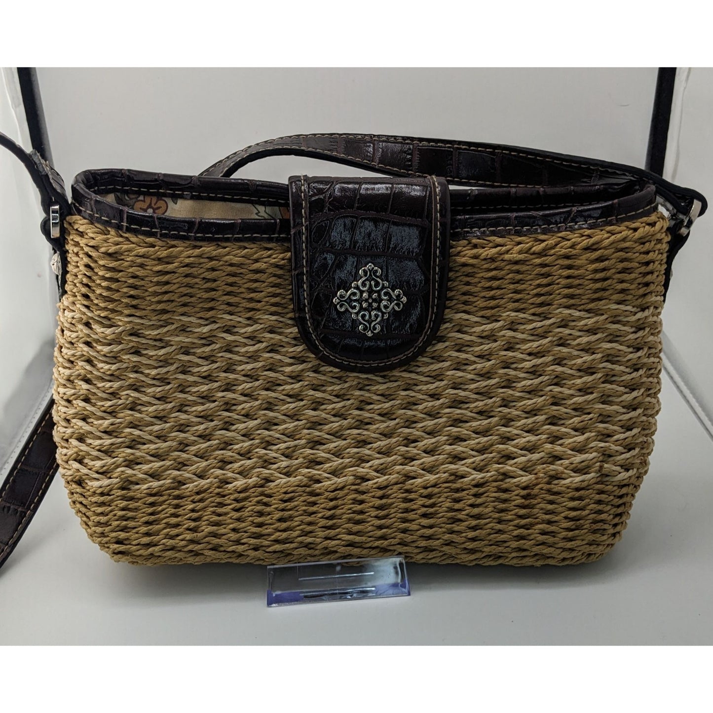 Hippie Bohemian Woven Crossbody Bag With Croc-Embossed Vinyl Trim & Floral Interior