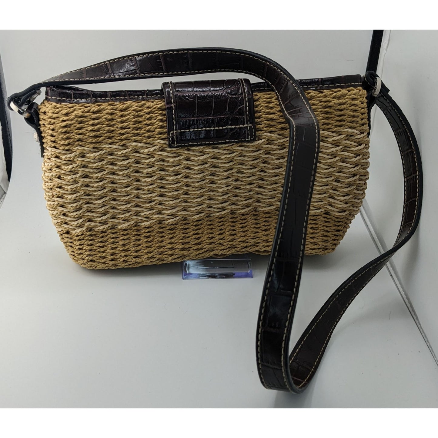 Hippie Bohemian Woven Crossbody Bag With Croc-Embossed Vinyl Trim & Floral Interior