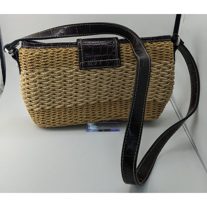 Hippie Bohemian Woven Crossbody Bag With Croc-Embossed Vinyl Trim & Floral Interior