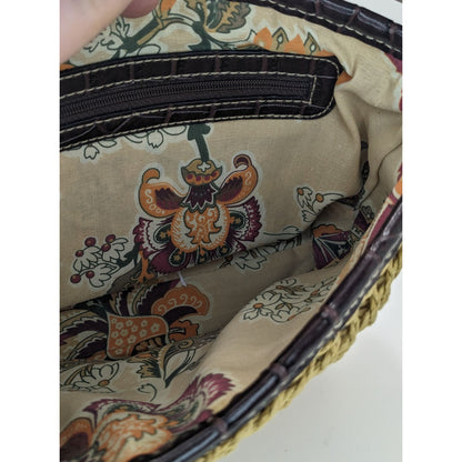 Hippie Bohemian Woven Crossbody Bag With Croc-Embossed Vinyl Trim & Floral Interior