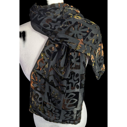 Vintage Burnt Velvet Floral Scarf Hawaiian-Inspired Black & Earth Tones