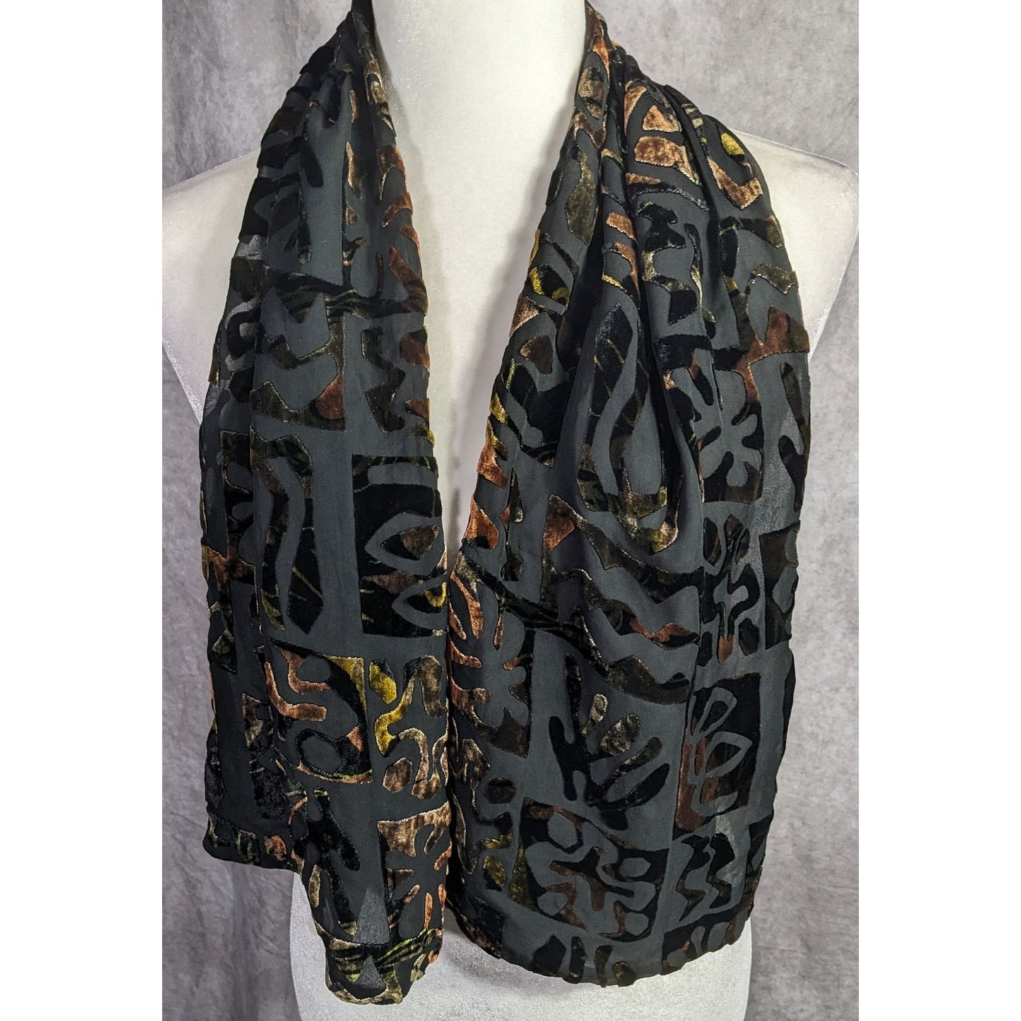 Vintage Burnt Velvet Floral Scarf Hawaiian-Inspired Black & Earth Tones