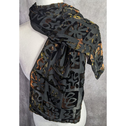 Vintage Burnt Velvet Floral Scarf Hawaiian-Inspired Black & Earth Tones