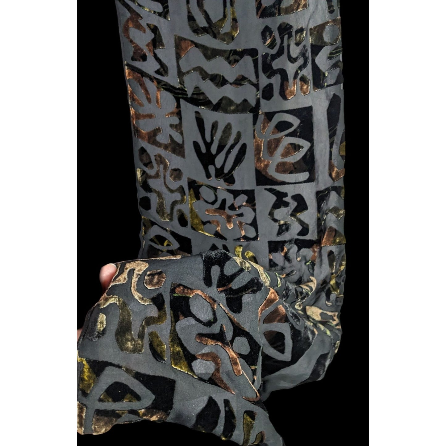 Vintage Burnt Velvet Floral Scarf Hawaiian-Inspired Black & Earth Tones