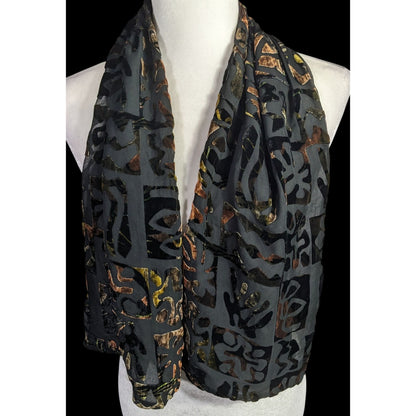 Vintage Burnt Velvet Floral Scarf Hawaiian-Inspired Black & Earth Tones