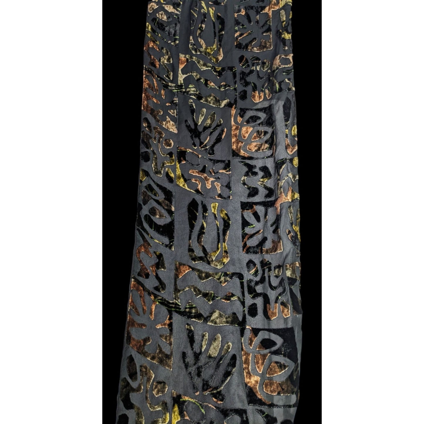 Vintage Burnt Velvet Floral Scarf Hawaiian-Inspired Black & Earth Tones