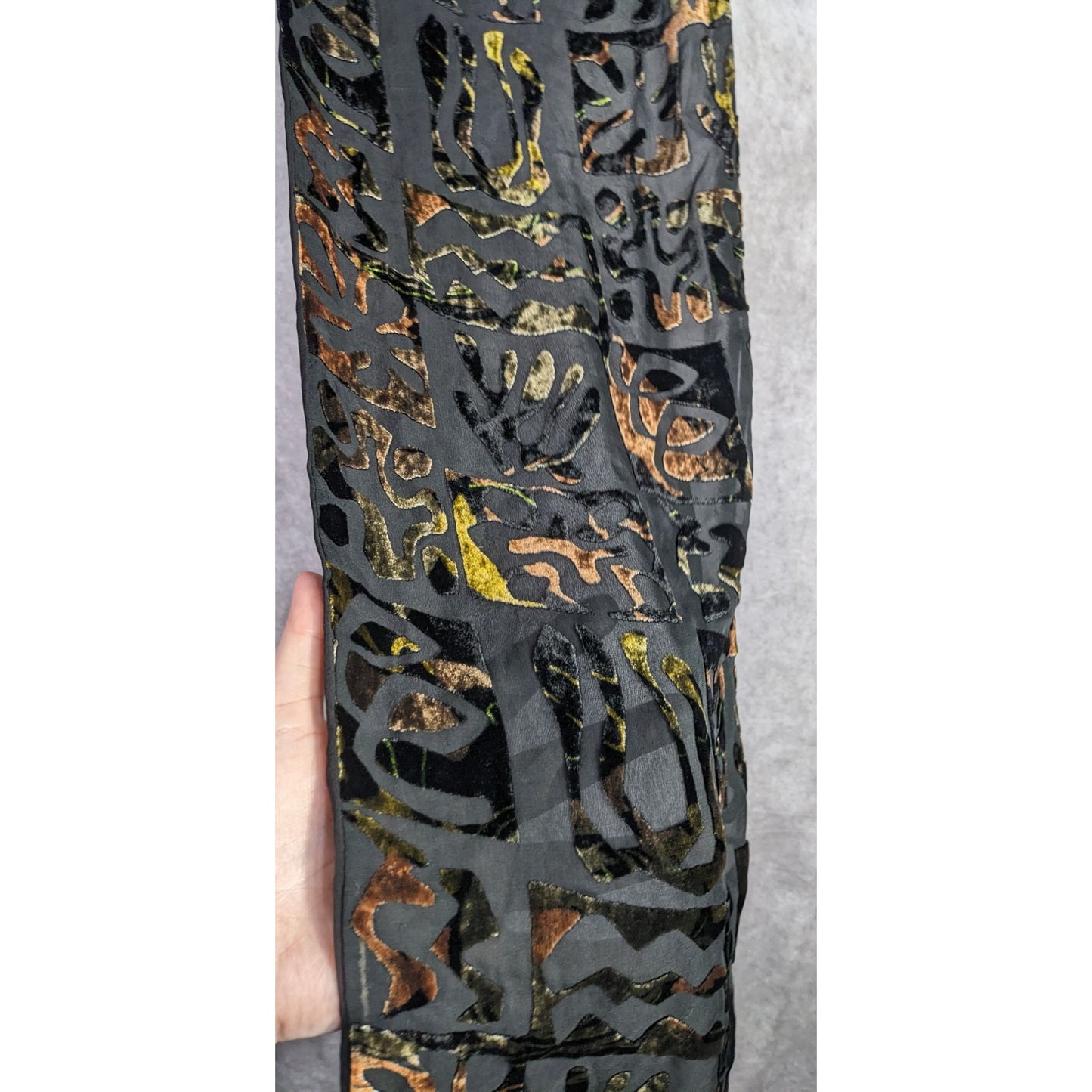 Vintage Burnt Velvet Floral Scarf Hawaiian-Inspired Black & Earth Tones