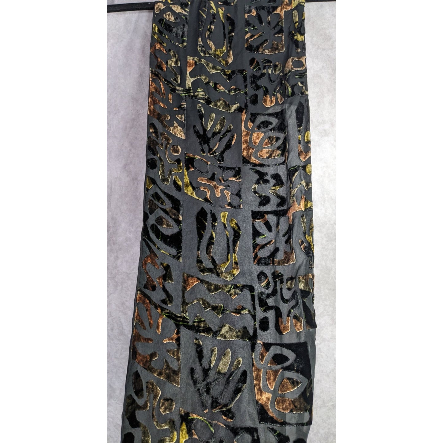 Vintage Burnt Velvet Floral Scarf Hawaiian-Inspired Black & Earth Tones