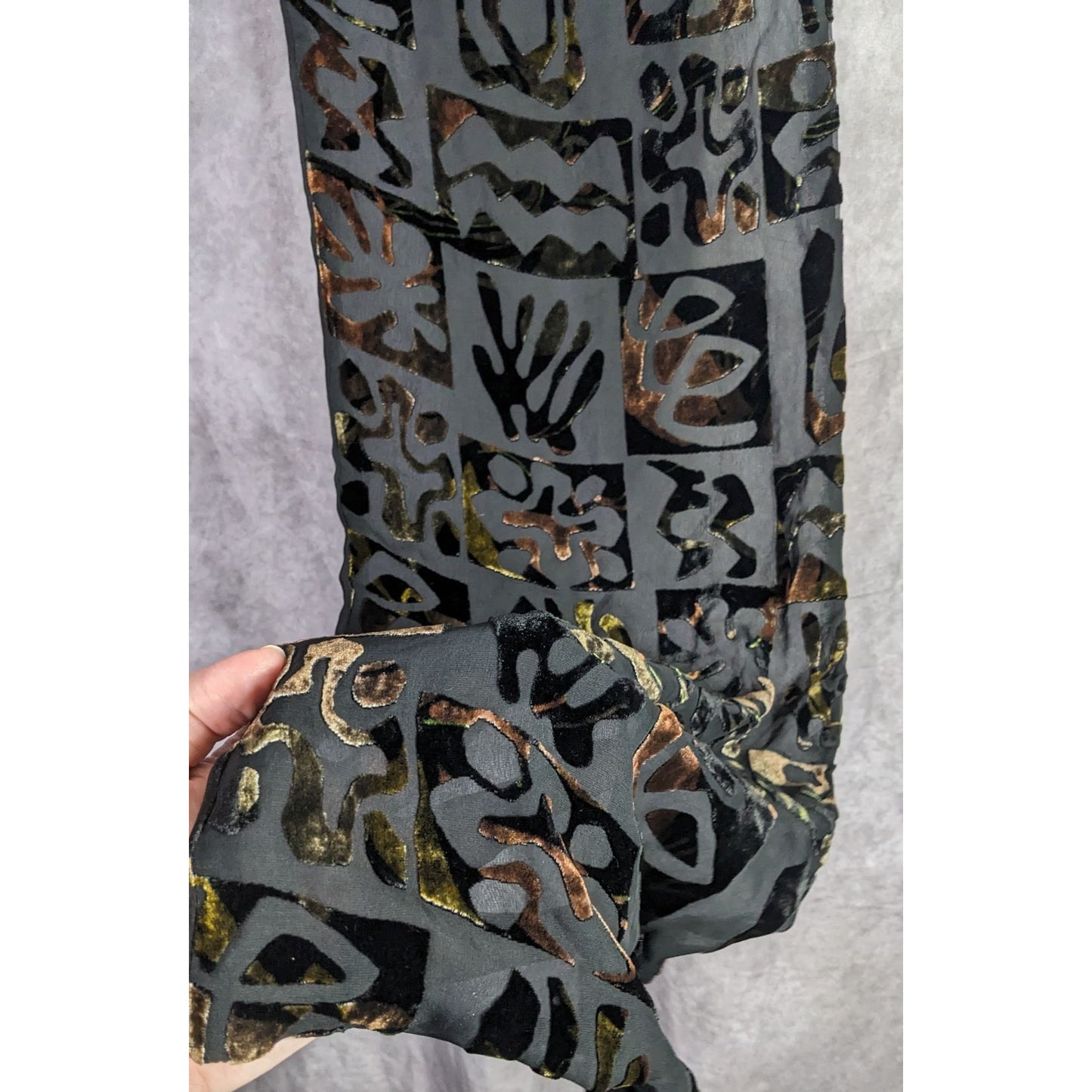 Vintage Burnt Velvet Floral Scarf Hawaiian-Inspired Black & Earth Tones