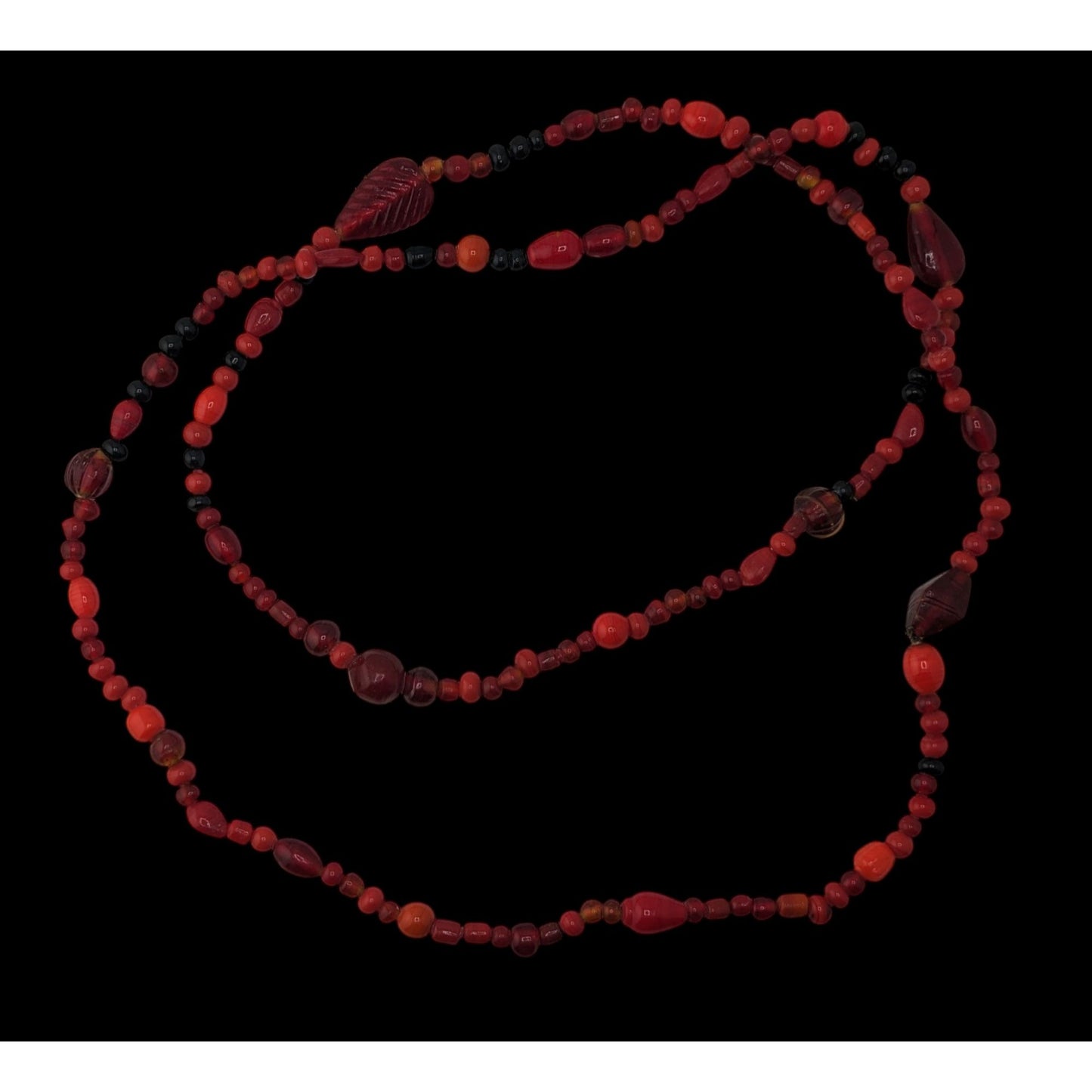 Boho Red Glass Beaded Long Necklace Black Orange Mixed Beads Artisan Festival Statement