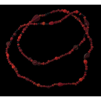 Boho Red Glass Beaded Long Necklace Black Orange Mixed Beads Artisan Festival Statement