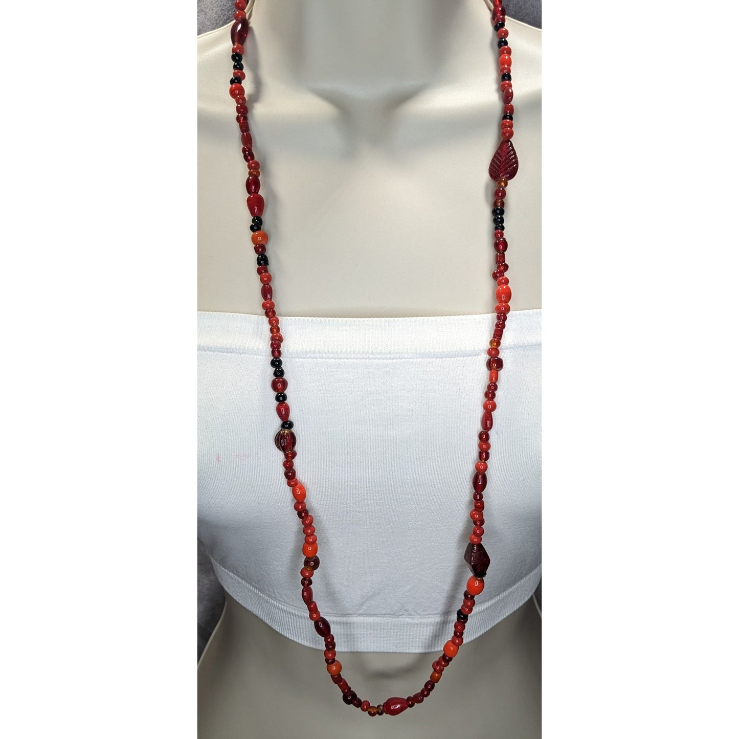 Boho Red Glass Beaded Long Necklace Black Orange Mixed Beads Artisan Festival Statement