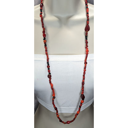 Boho Red Glass Beaded Long Necklace Black Orange Mixed Beads Artisan Festival Statement