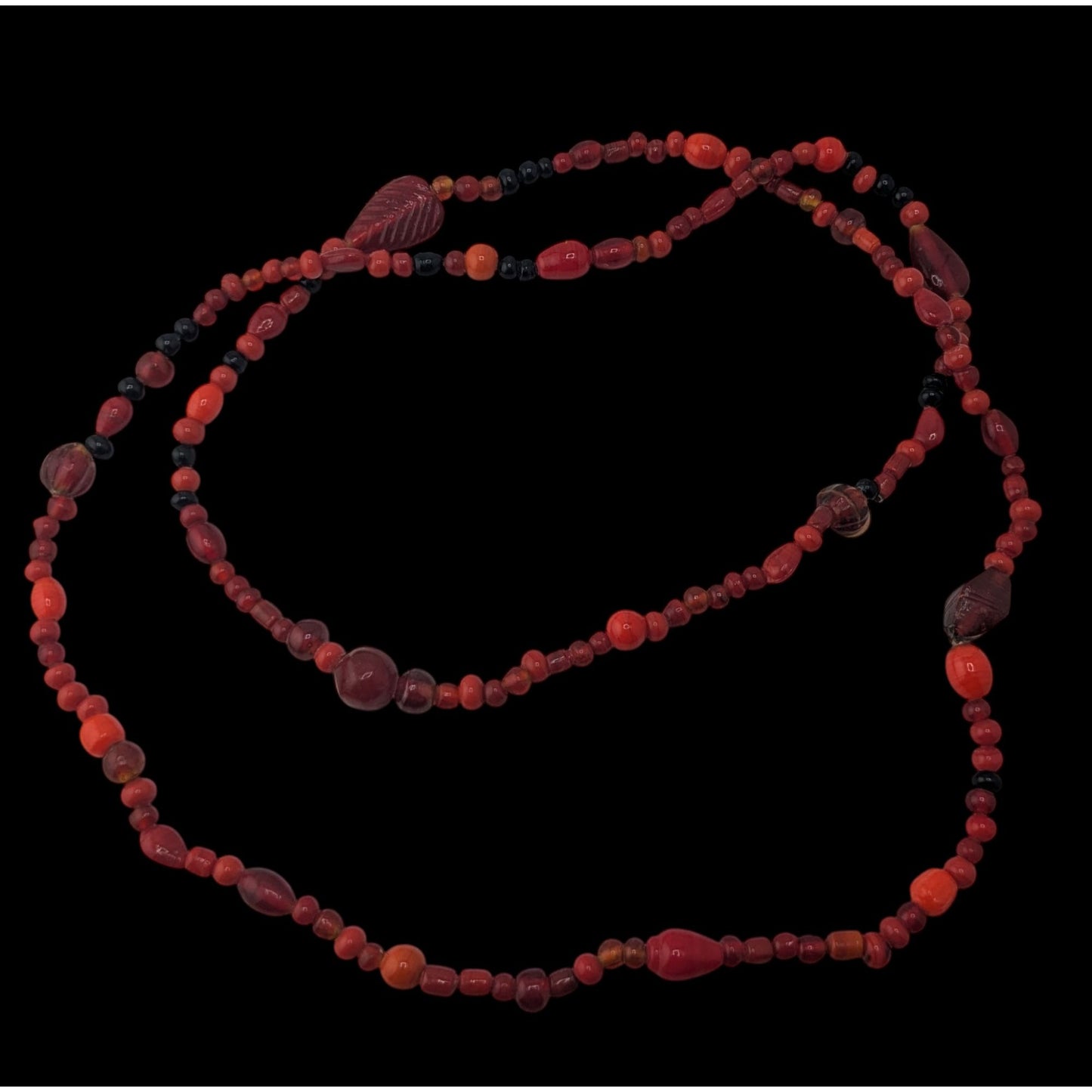 Boho Red Glass Beaded Long Necklace Black Orange Mixed Beads Artisan Festival Statement