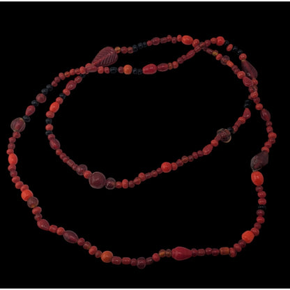 Boho Red Glass Beaded Long Necklace Black Orange Mixed Beads Artisan Festival Statement