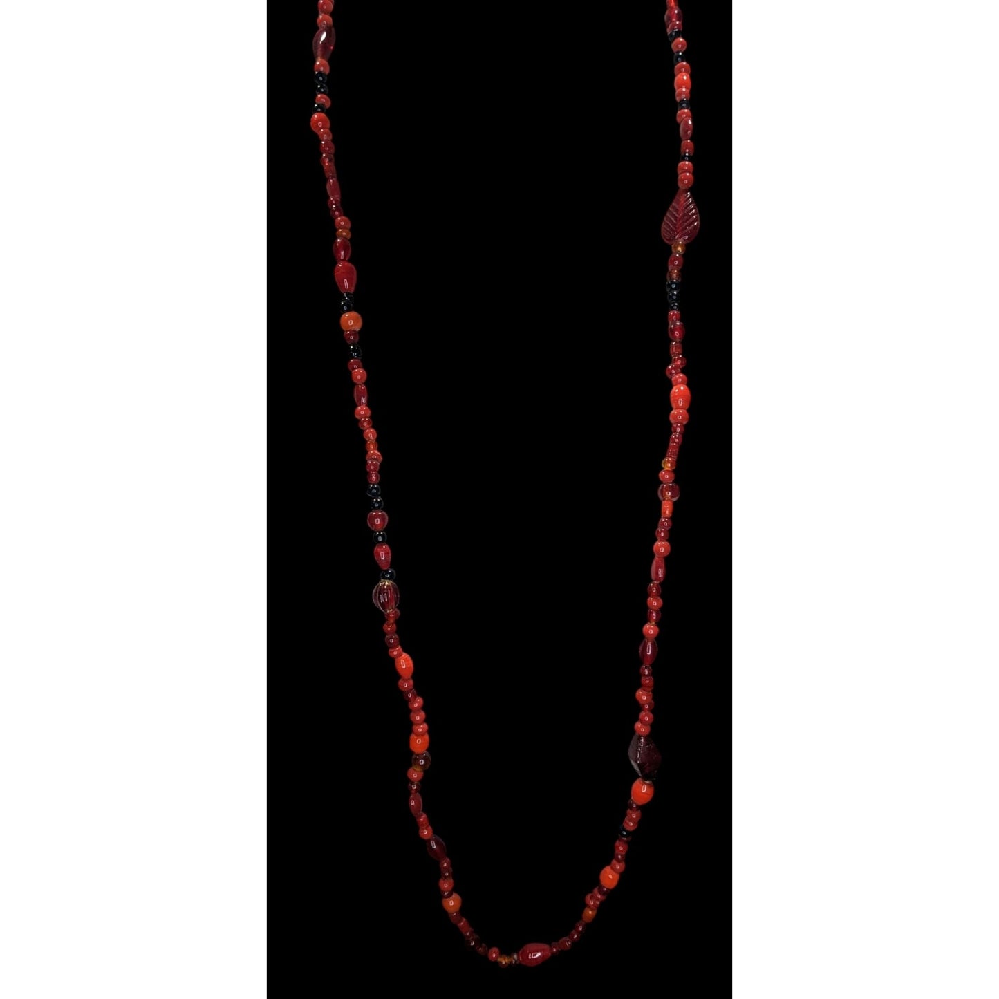 Boho Red Glass Beaded Long Necklace Black Orange Mixed Beads Artisan Festival Statement