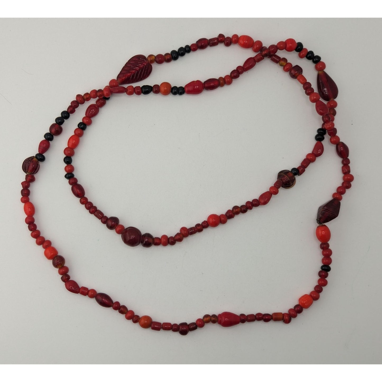 Boho Red Glass Beaded Long Necklace Black Orange Mixed Beads Artisan Festival Statement