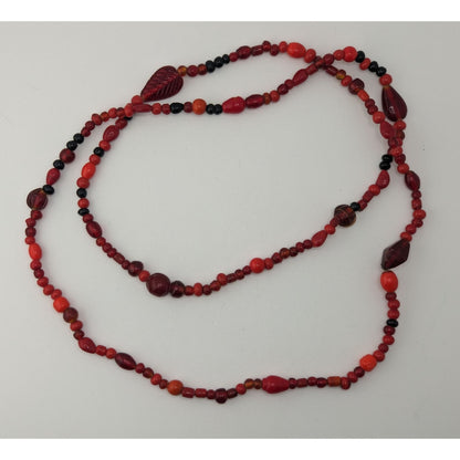 Boho Red Glass Beaded Long Necklace Black Orange Mixed Beads Artisan Festival Statement