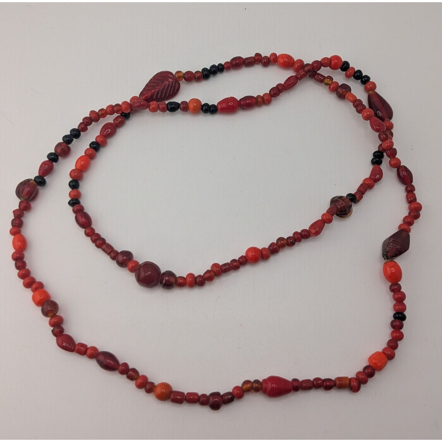 Boho Red Glass Beaded Long Necklace Black Orange Mixed Beads Artisan Festival Statement