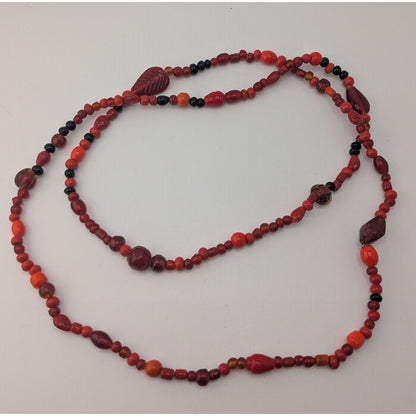 Boho Red Glass Beaded Long Necklace Black Orange Mixed Beads Artisan Festival Statement