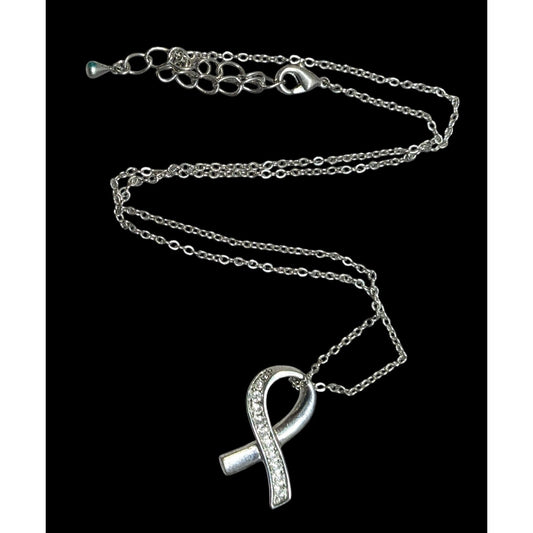 Elegant Ribbon Pendant Silver Tone With Rhinestone Accents