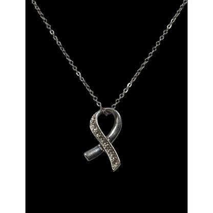 Elegant Ribbon Pendant Silver Tone With Rhinestone Accents