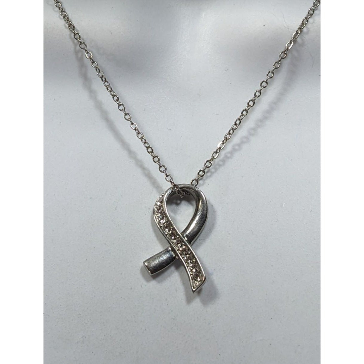 Elegant Ribbon Pendant Silver Tone With Rhinestone Accents
