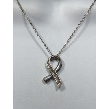 Elegant Ribbon Pendant Silver Tone With Rhinestone Accents